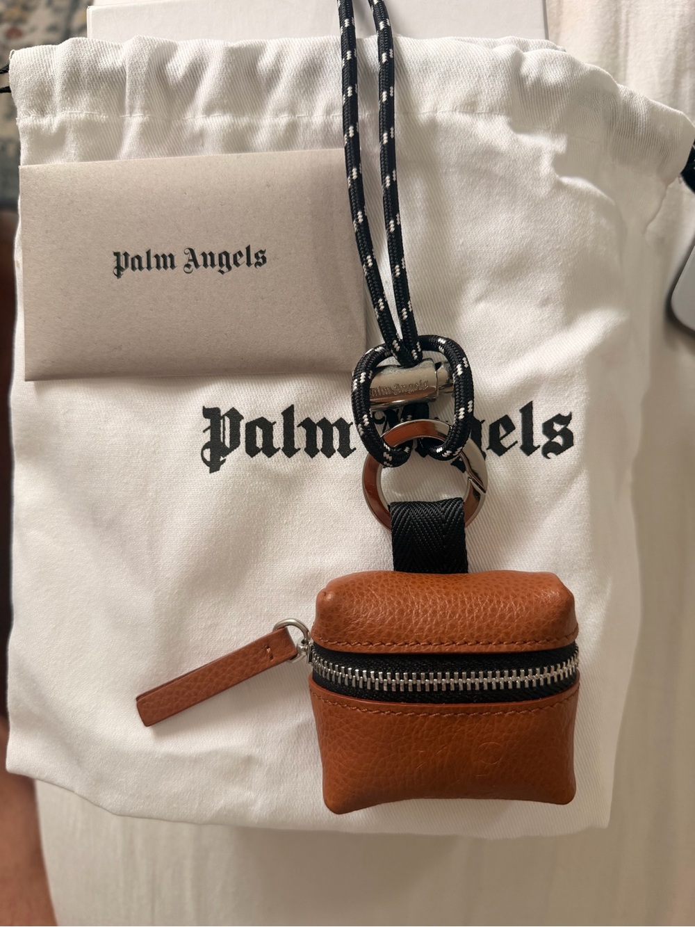 Palm Angels Tan Leather Mini Pouch AirPod Necklace with Black Cord - Picture 2 of 5